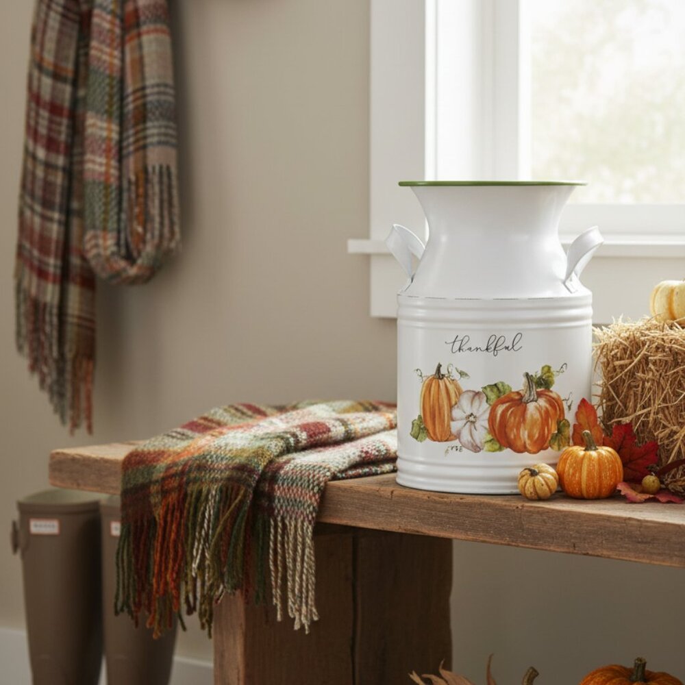 Thankful Pumpkins Metal Milk Can Fall Autumn Home Thanksgiving Table Decoration